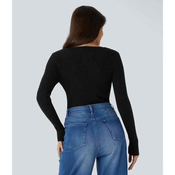 NWT Halara Sweetheart Neck Long Sleeve Slim Casual Sweater Black M - Picture 3 of 10